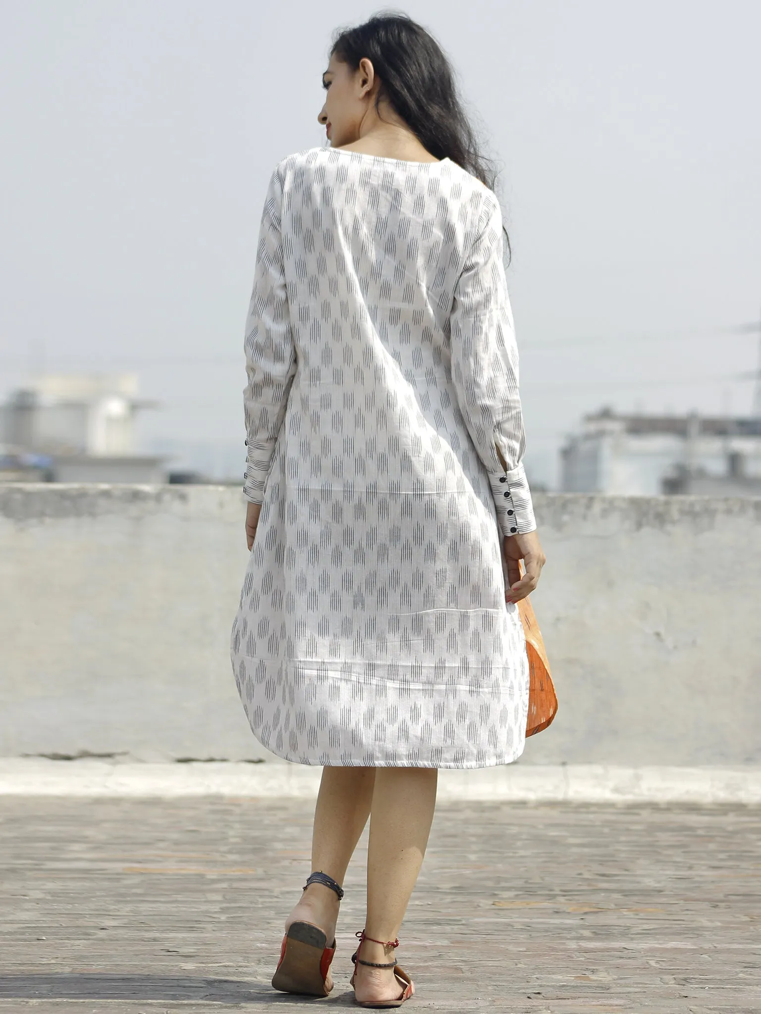 Ivory Peach black Ikat Dress With  Side Pockets  & Extra Long Cuff-  D115F820