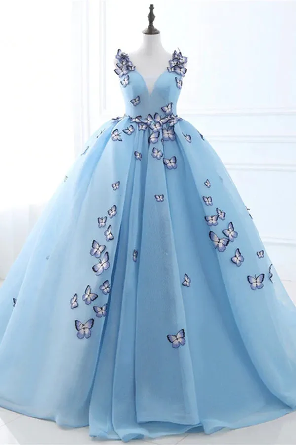 kamahe Blue Butterfly Flowers Lace Up Ball Gowns Long Prom Dresses