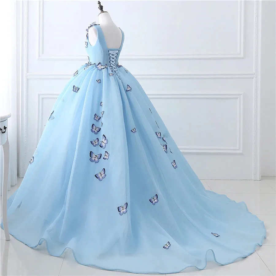 kamahe Blue Butterfly Flowers Lace Up Ball Gowns Long Prom Dresses