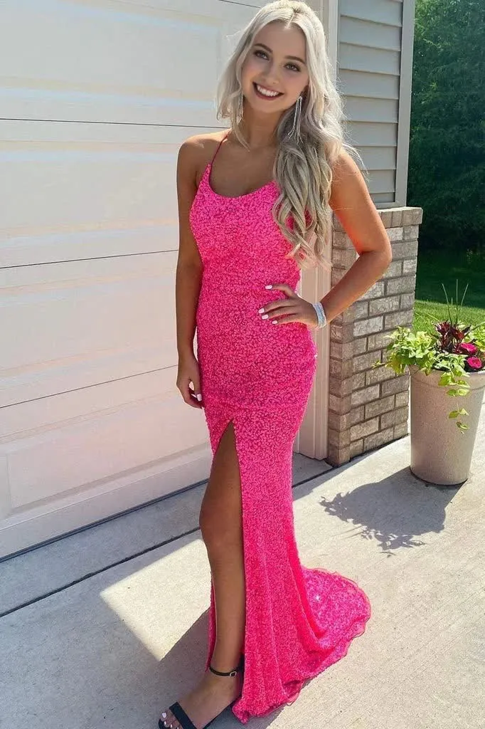 kamahe Hot Pink Prom Dresses Sparkly Mermaid Sequined Sleeveless Long Evening Gown with Slit