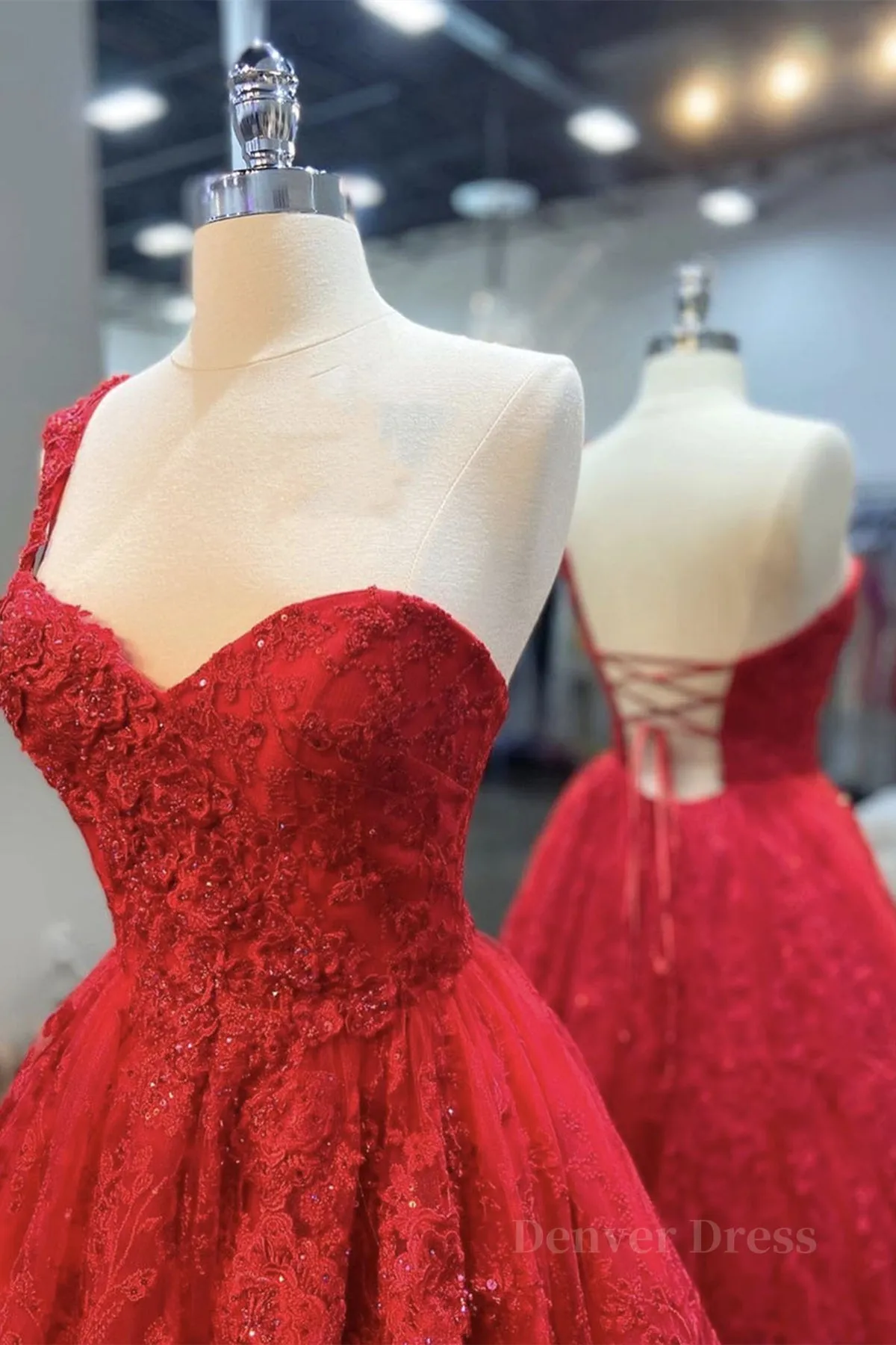 kamahe One Shoulder Open Back Red Lace Long Prom Dresses, Sweetheart Neck Red Lace Formal Dresses, Red Evening Dresses