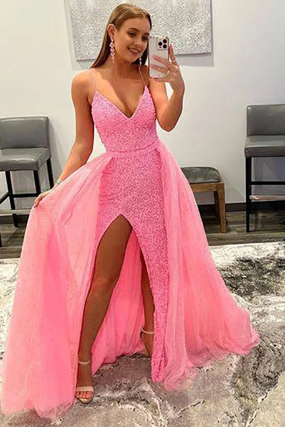 kamahe Sparkly Pink Detachable Train Sequins Prom Dress with Slit Formal Evening Dresses