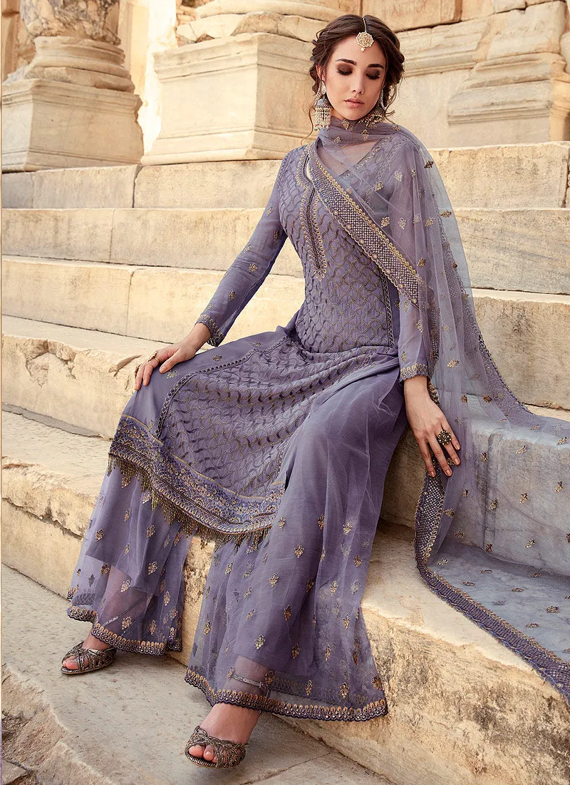 Light Purple Embroidered Pakistani Sharara Suit