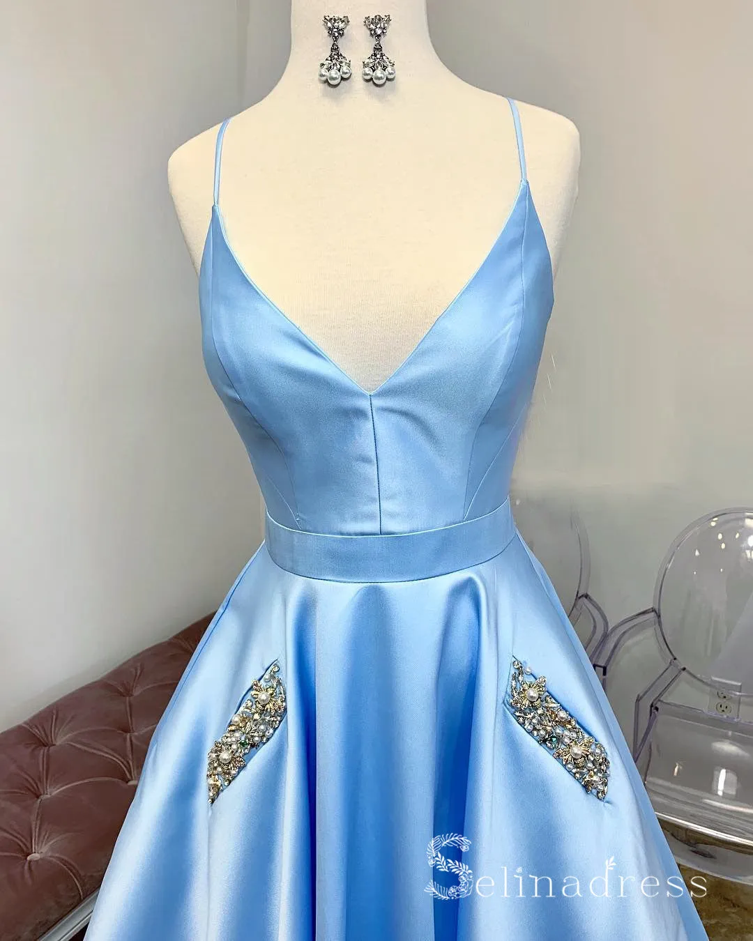 Light Sky Blue Spaghetti Straps Long Prom Dresses Beaded Pocket Evening Gowns SED026