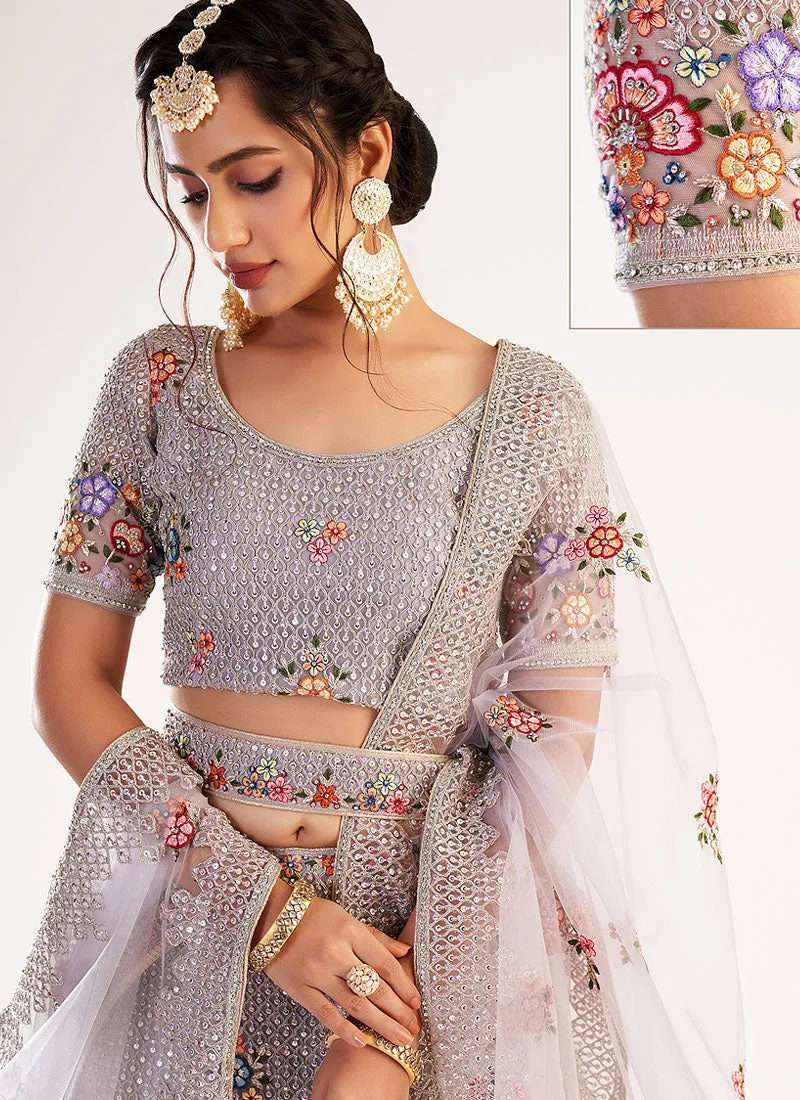 Lilac Purple Floral Embroidered Soft Net Wedding Lehenga Choli