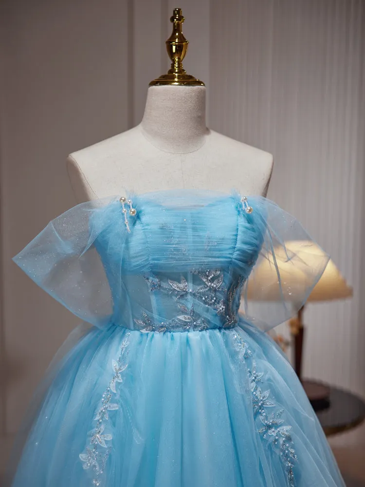 Lovely Light Blue Tulle Short Beaded Formal Dress, Blue Homecoming Dress