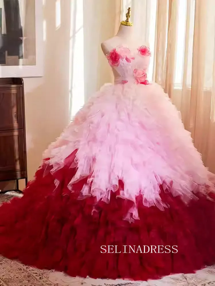 Lovely Pink Red Ball Gown Princess Dress Elegant Strapless Tulle Formal Dress JKL2592