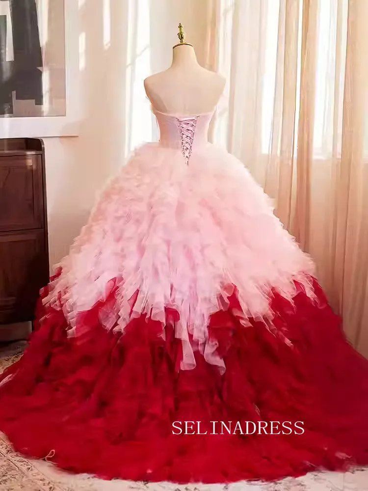 Lovely Pink Red Ball Gown Princess Dress Elegant Strapless Tulle Formal Dress JKL2592