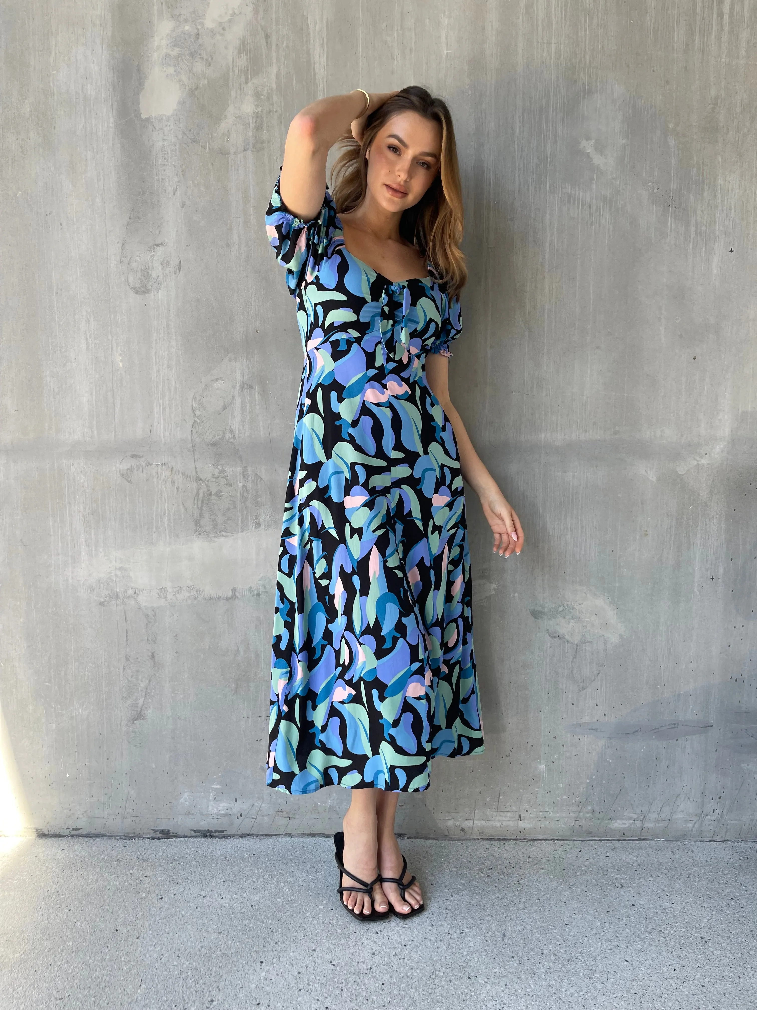 Lulu Tie Front Blue Multi Geo Print Midi Dress