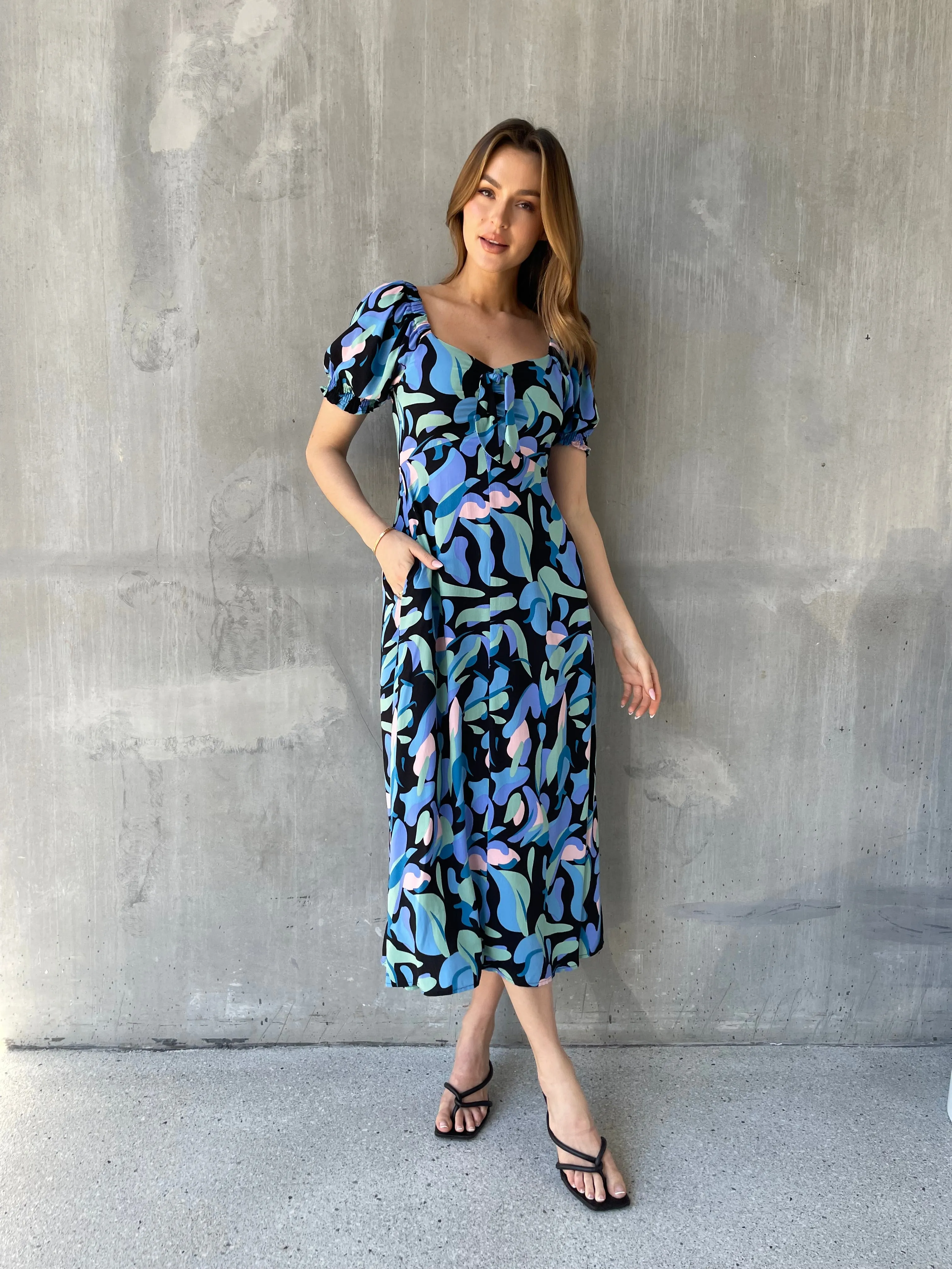 Lulu Tie Front Blue Multi Geo Print Midi Dress