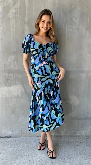 Lulu Tie Front Blue Multi Geo Print Midi Dress