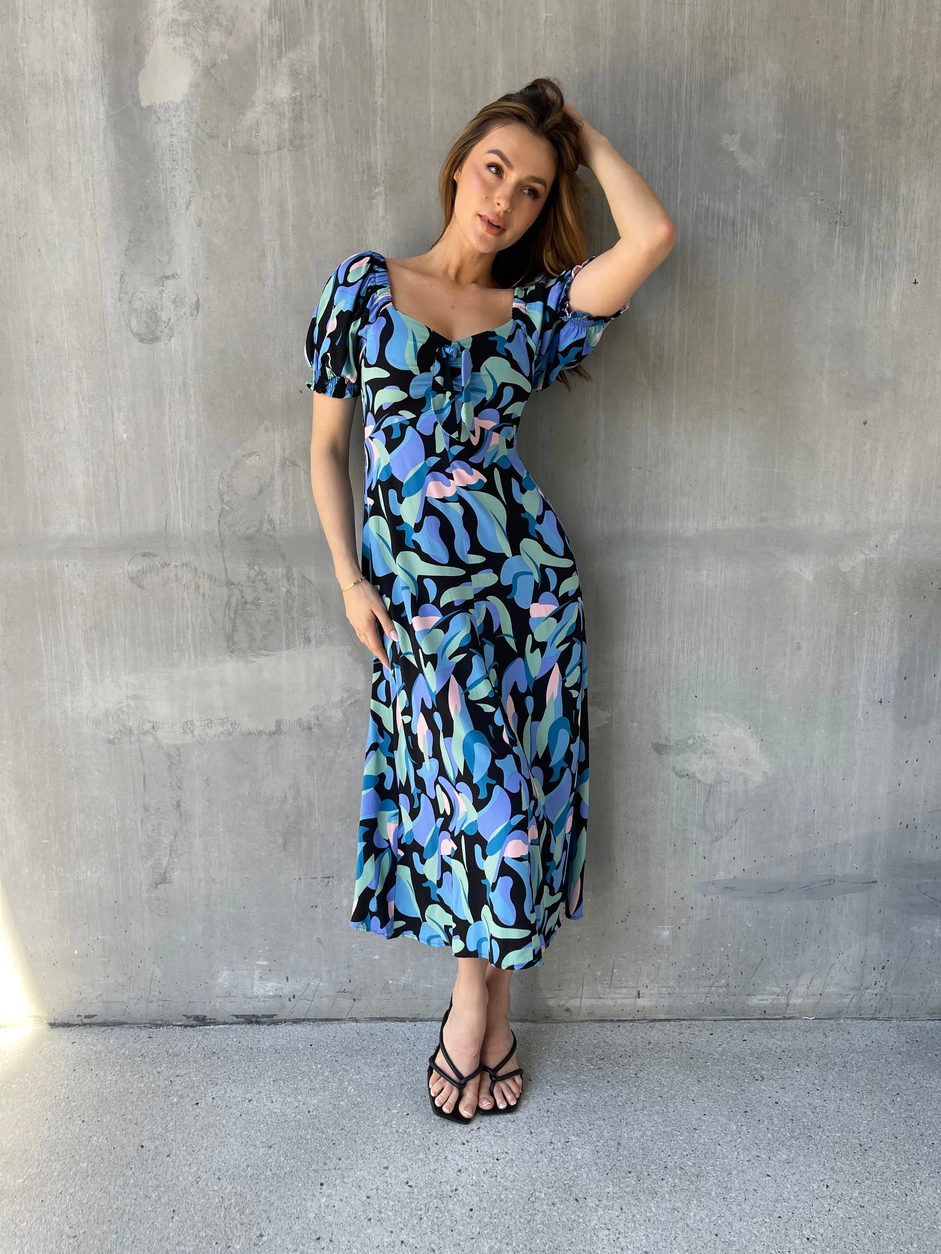 Lulu Tie Front Blue Multi Geo Print Midi Dress