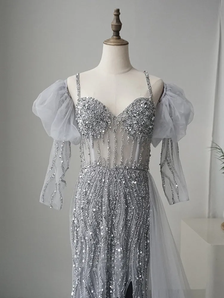 Luxury Beaded Long Prom Dresses With Long Sleeve Silver Evening Gown Formal Dresses FUE002