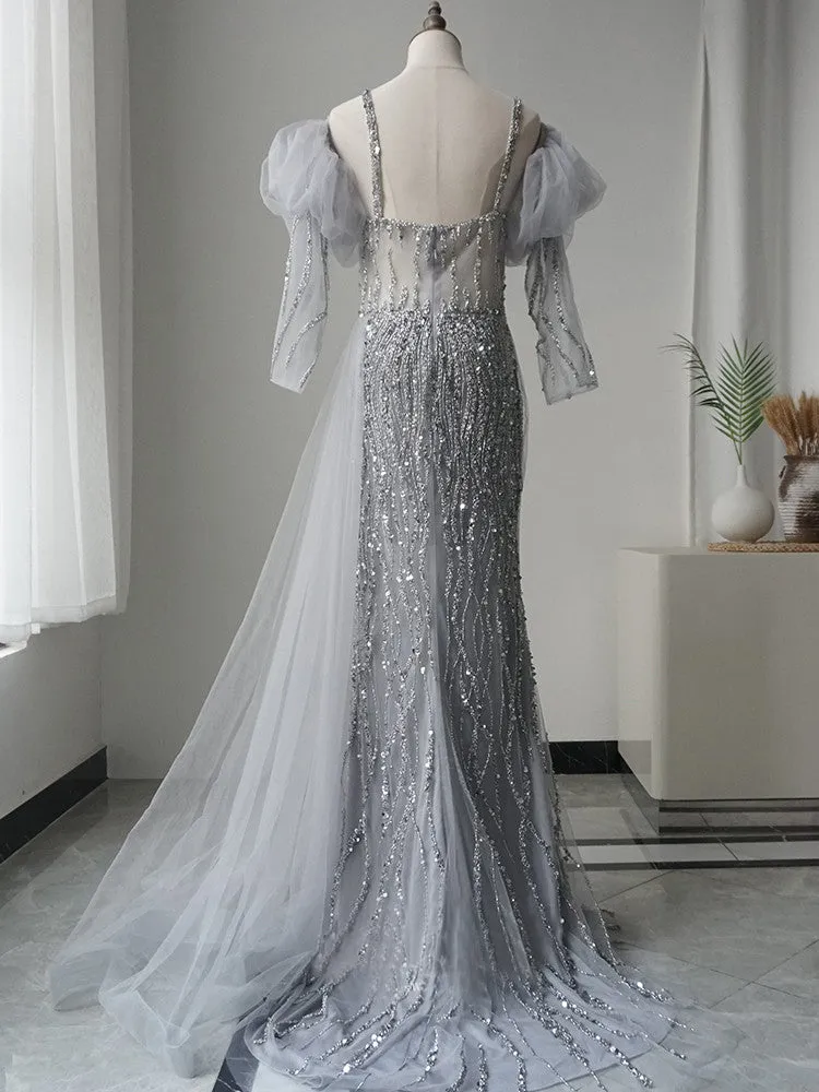 Luxury Beaded Long Prom Dresses With Long Sleeve Silver Evening Gown Formal Dresses FUE002