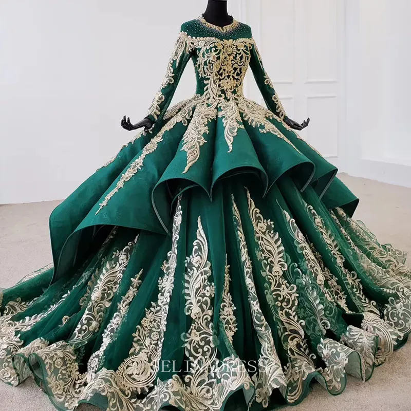 luxury Emerald Green Wedding Dresses Muslim Formal Dress Dubai Gown Ball Gown HTL1100 Selinadress