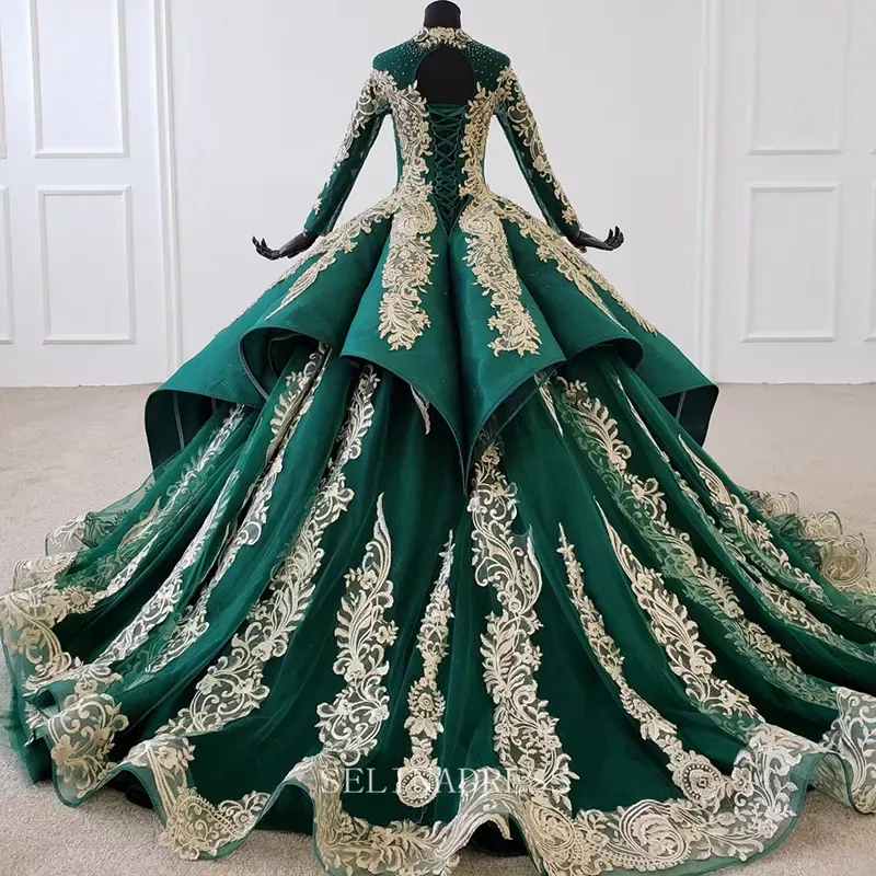 luxury Emerald Green Wedding Dresses Muslim Formal Dress Dubai Gown Ball Gown HTL1100 Selinadress