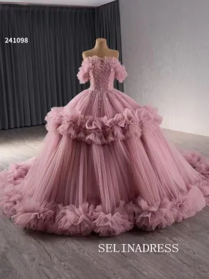 luxury Off-the-Shoulder Pink Quinceanera Dresses Beaded Ball Gown Quinceañera Gown 241098