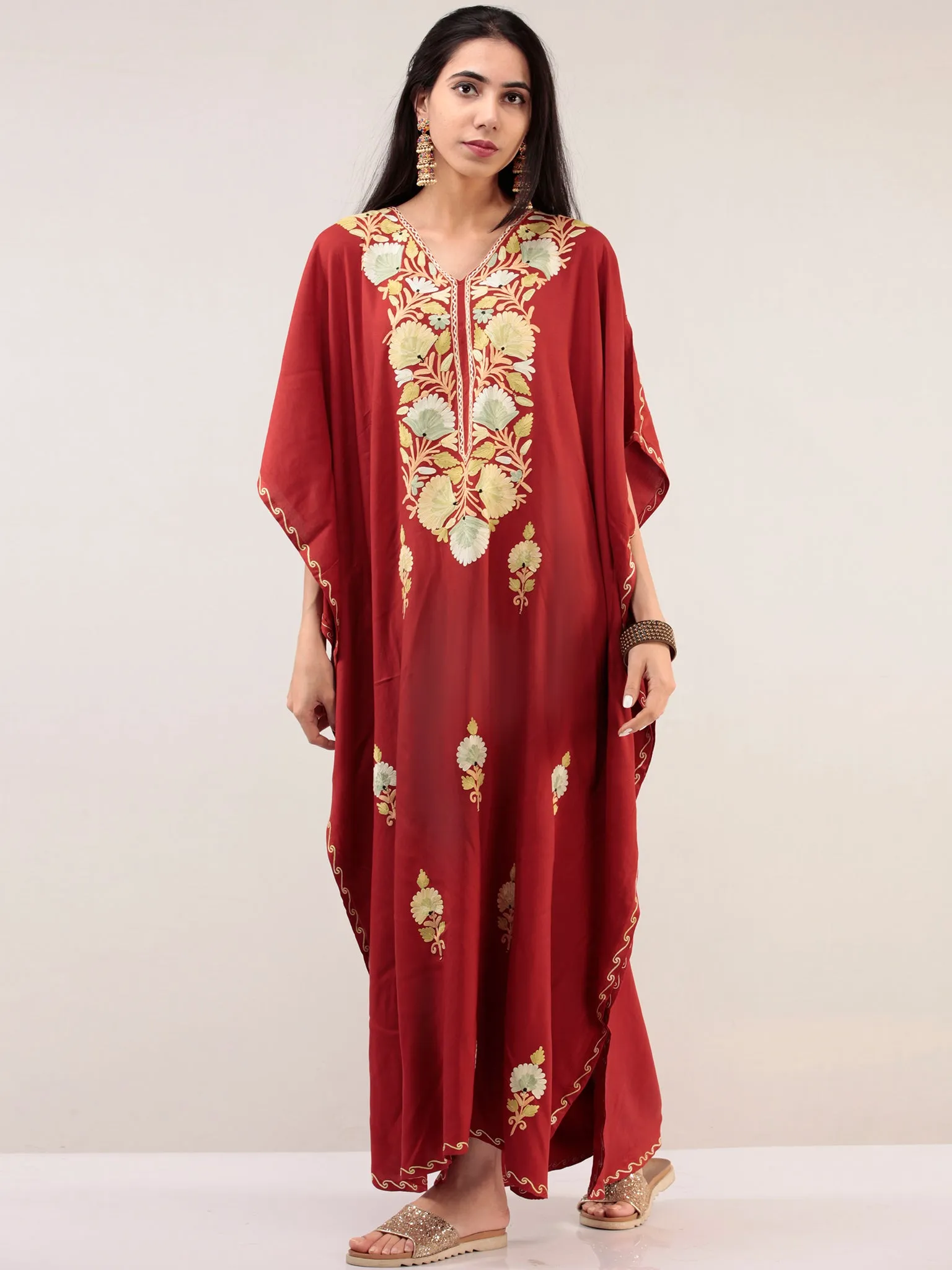 Maroon Aari Embroidered Kashmere Free Size Kaftan  - K12K041