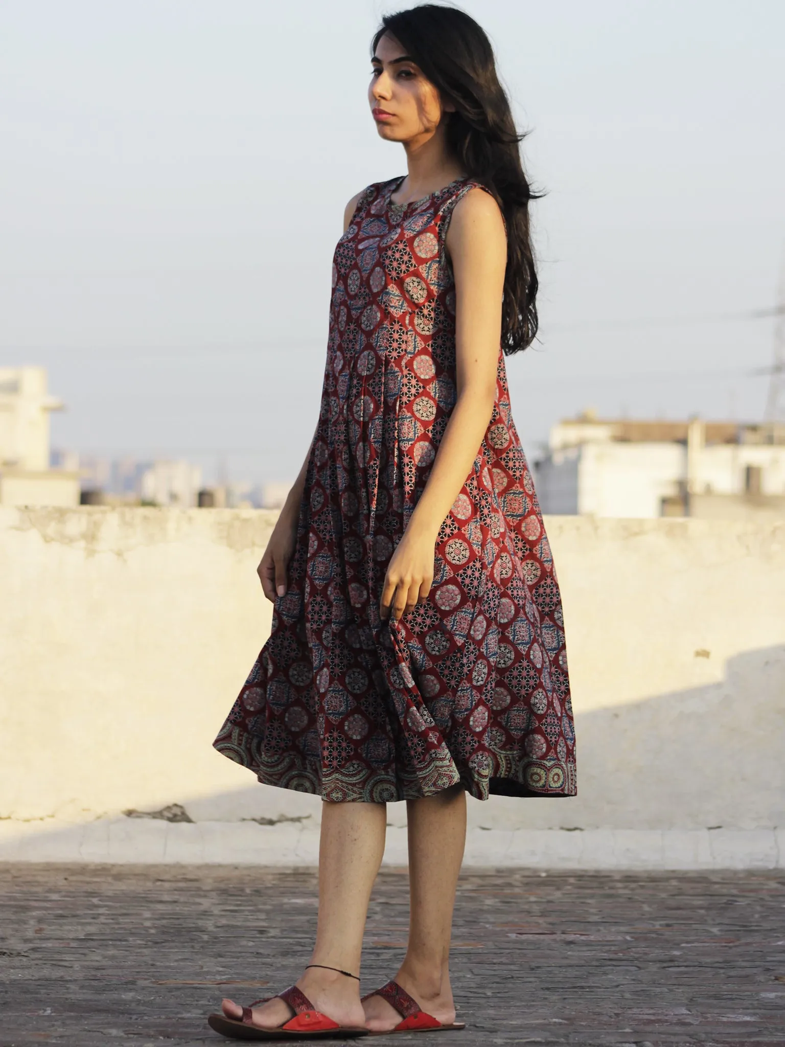 Maroon Indigo Light Green Black Ivory Ajrak Block Printed Cotton Dress With Knife Pleats - D104F677