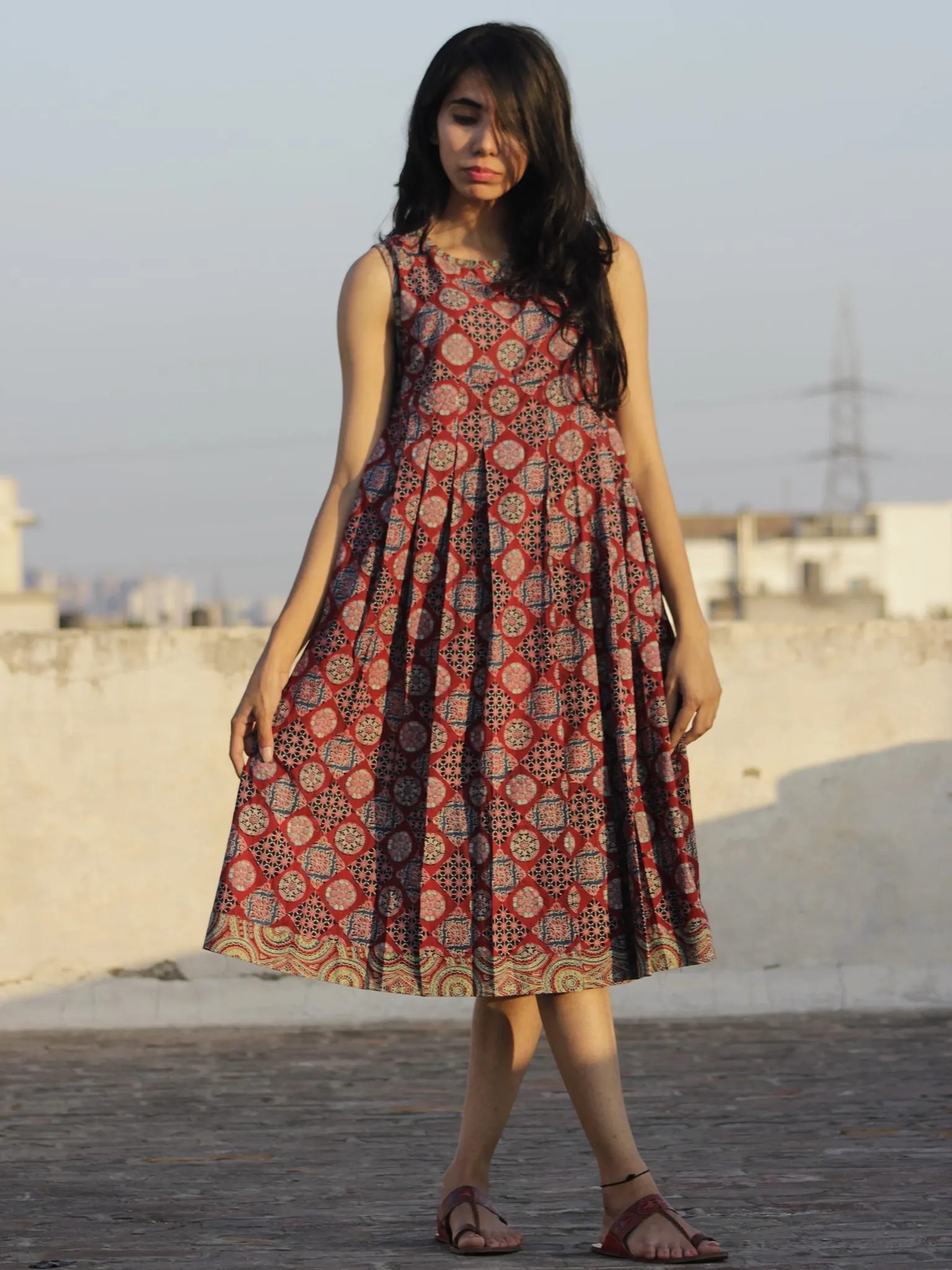 Maroon Indigo Light Green Black Ivory Ajrak Block Printed Cotton Dress With Knife Pleats - D104F677