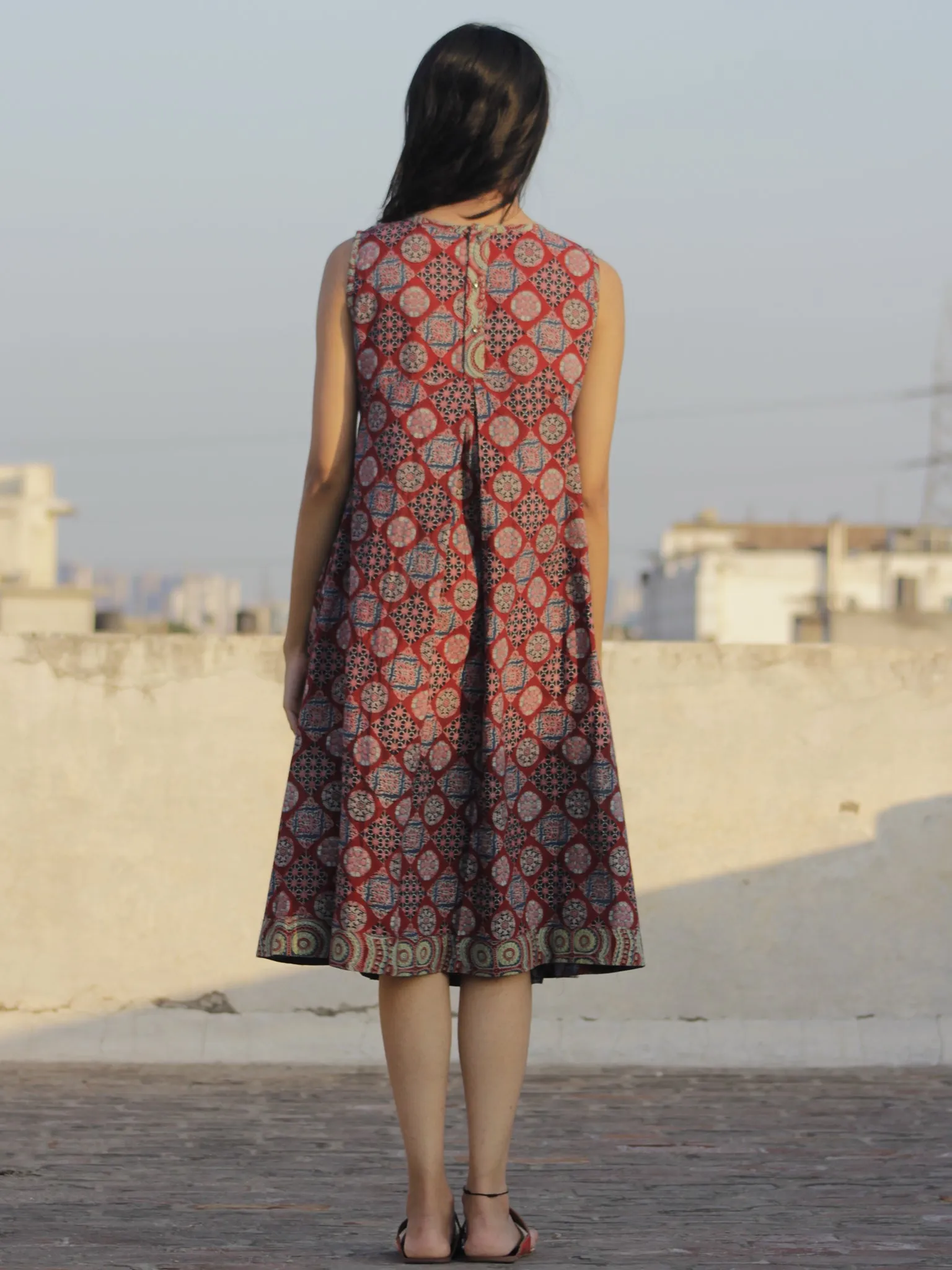 Maroon Indigo Light Green Black Ivory Ajrak Block Printed Cotton Dress With Knife Pleats - D104F677