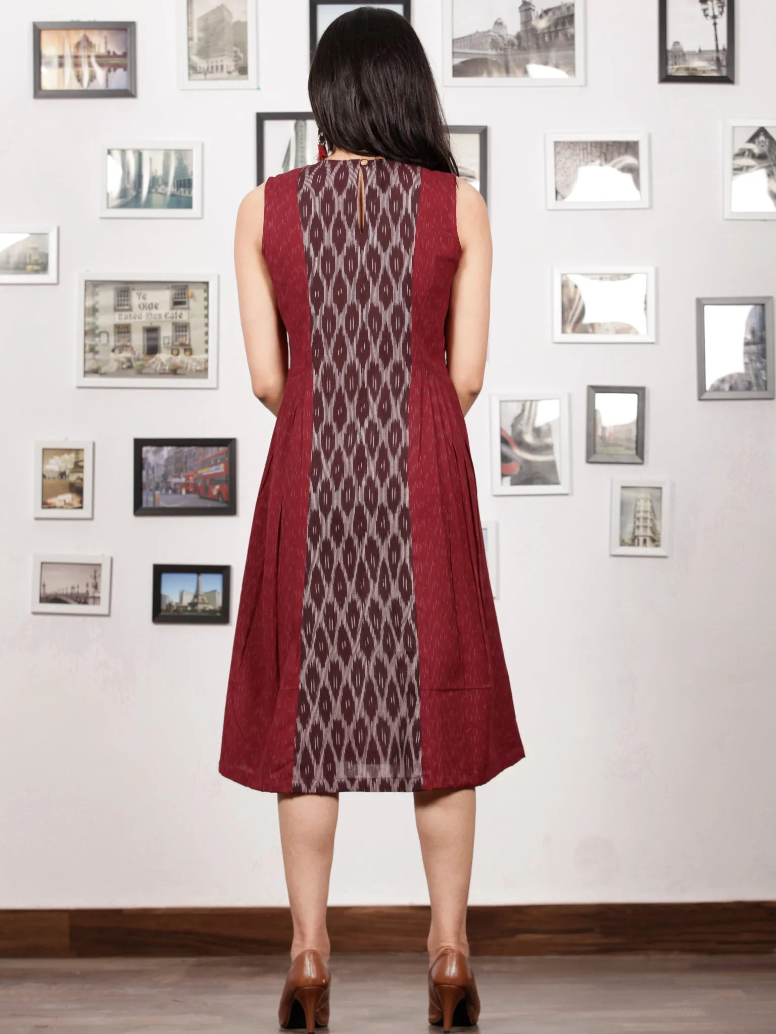 Maroon Ivory Grey Handwoven Ikat Knife Pleated Sleeveless Dress -  D276F1463