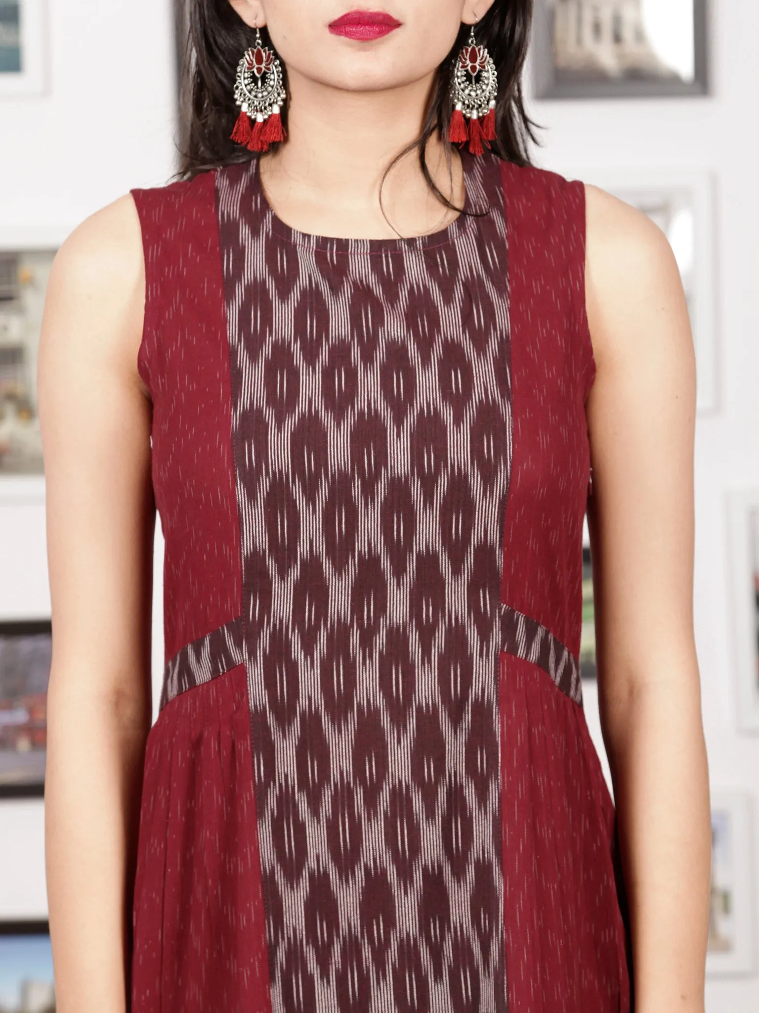 Maroon Ivory Grey Handwoven Ikat Knife Pleated Sleeveless Dress -  D276F1463