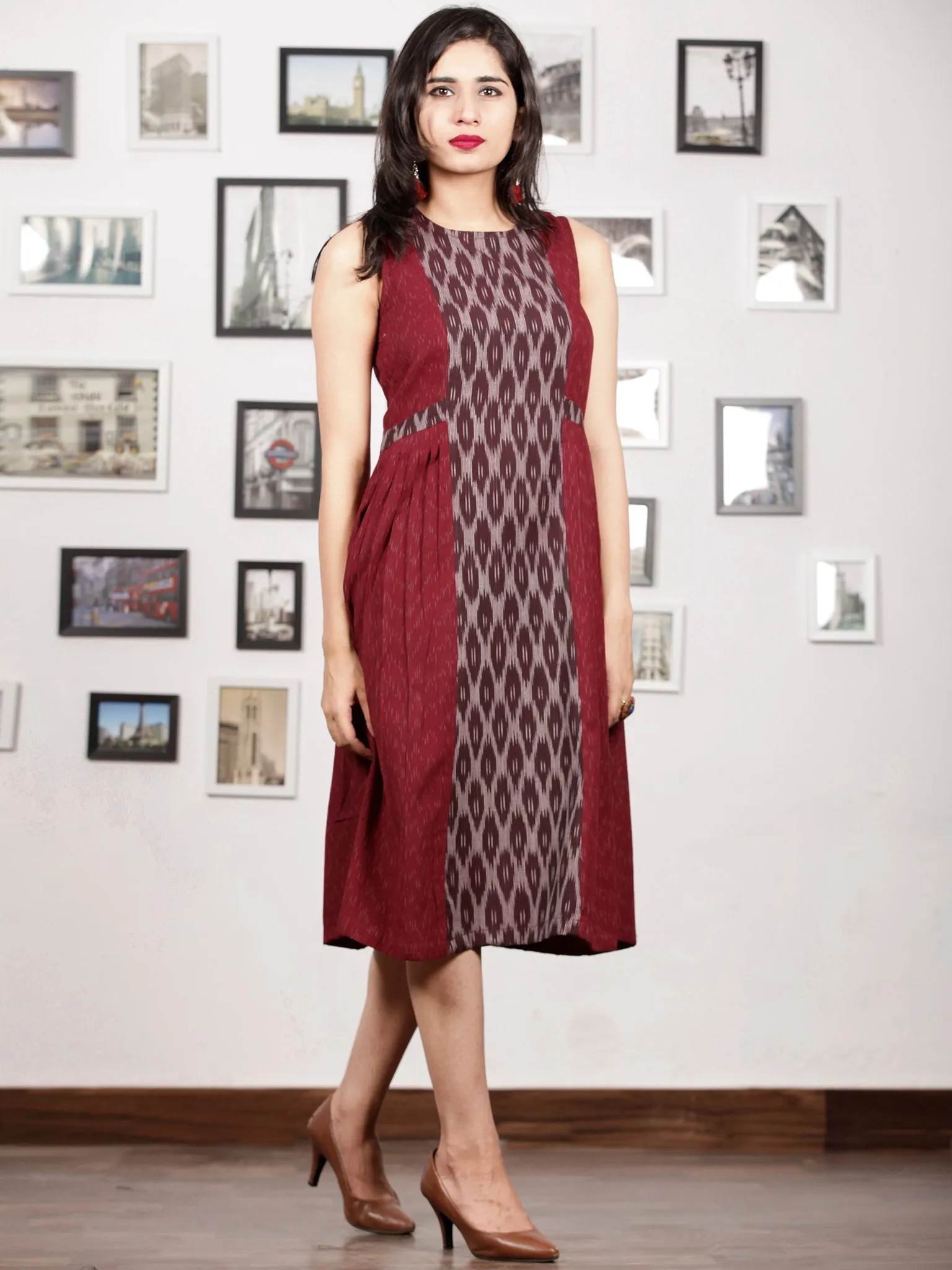 Maroon Ivory Grey Handwoven Ikat Knife Pleated Sleeveless Dress -  D276F1463