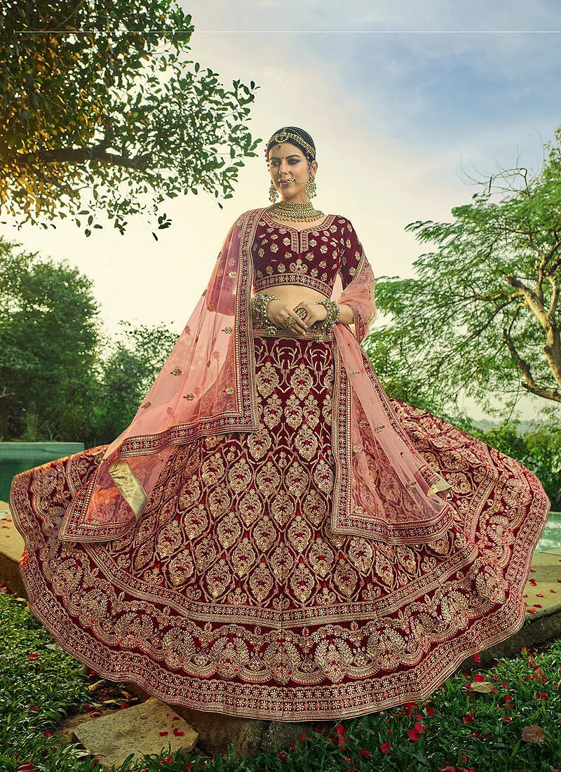 Maroon Velvet Embroidered Wedding Lehenga Choli