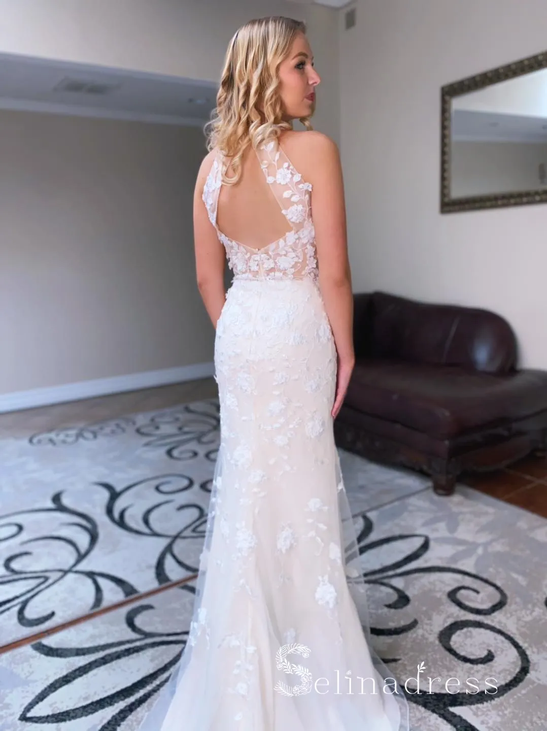 Mermaid Halter V neck 3D Lace Rustice Wedding Dresses CBD492