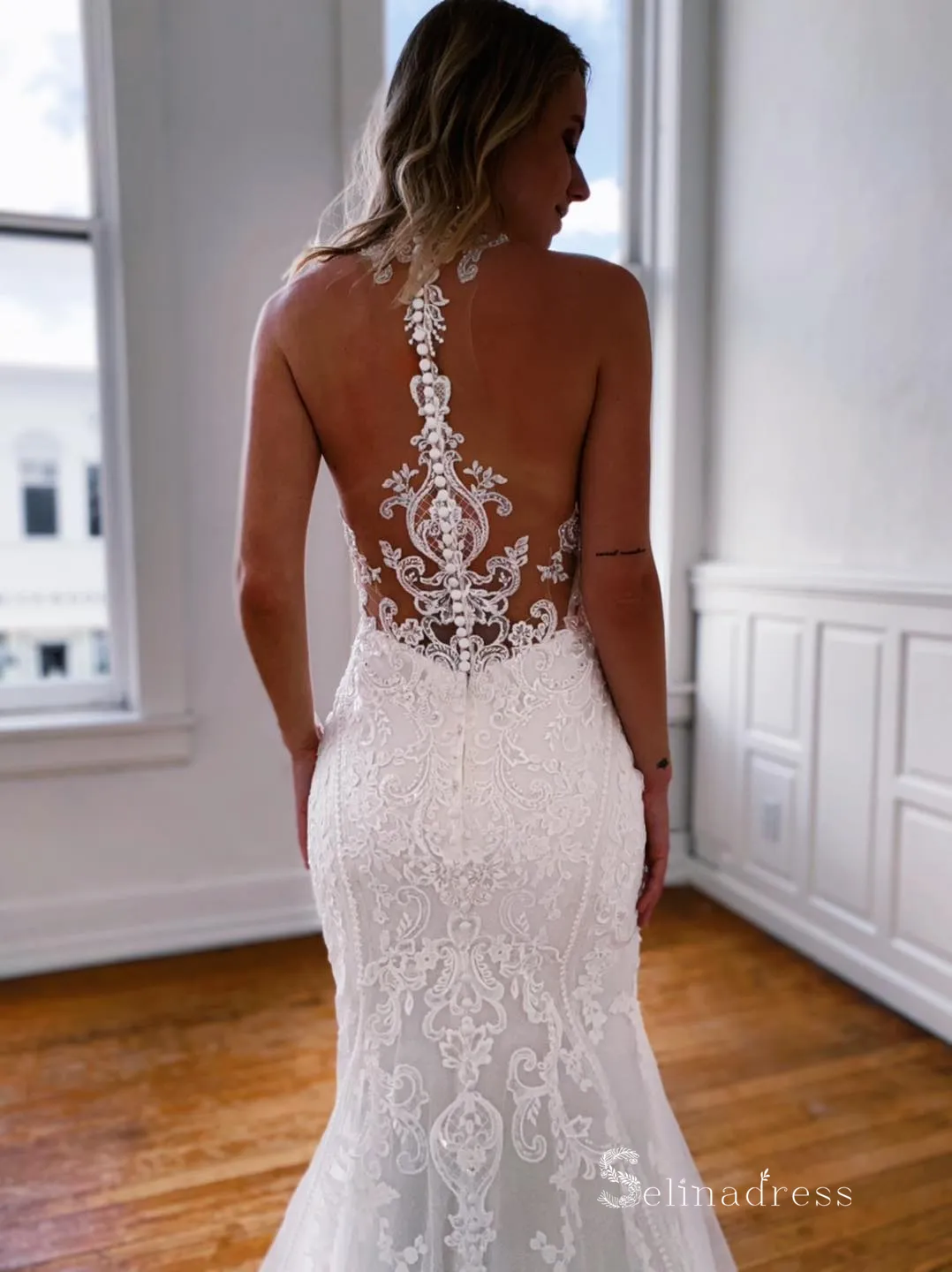 Mermaid Halter Vintage Lace Wedding Dresses Rustic Bridal Gowns CBD499