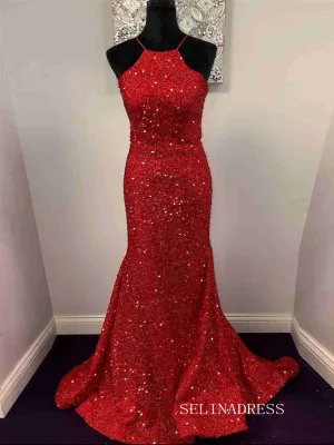 Mermaid Red Long Prom Dresses Sparkly Long Evening Dress Formal Dresses SSD013