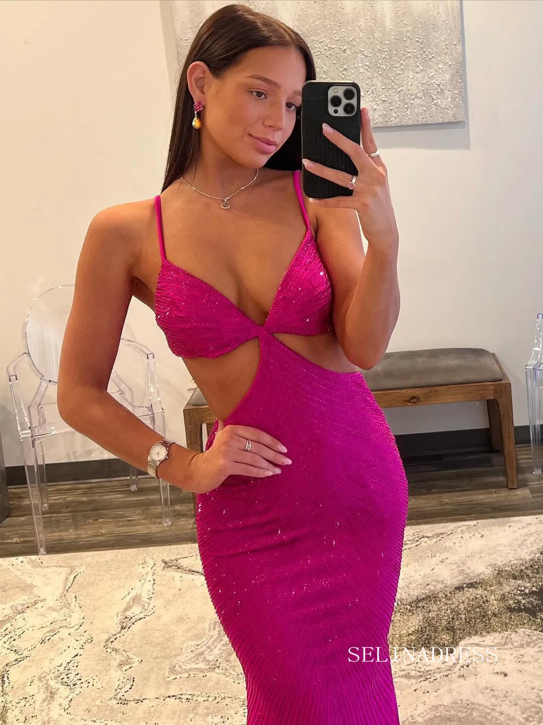 Mermaid Spaghetti Straps Magenta Sparkly Long Prom Dress lpk805