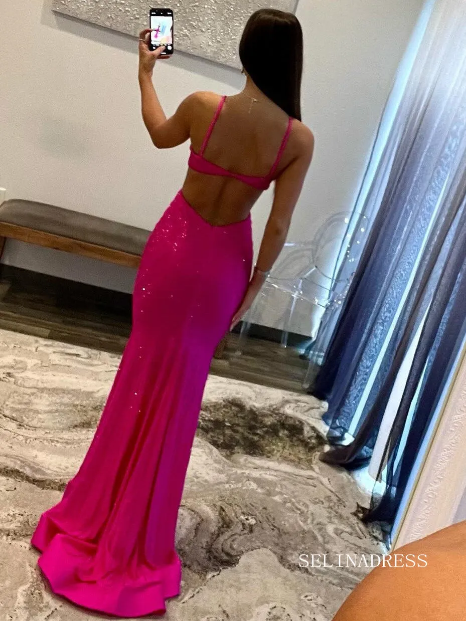 Mermaid Spaghetti Straps Magenta Sparkly Long Prom Dress lpk805