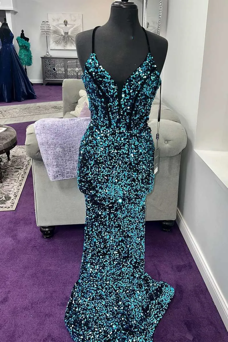 Mermaid Spaghetti Straps Sequins Prom Dress Blue Cheap Evening Dresses #QWE015