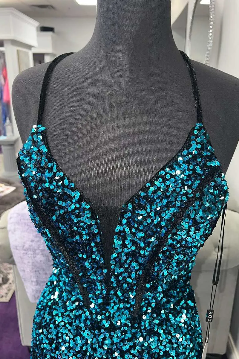 Mermaid Spaghetti Straps Sequins Prom Dress Blue Cheap Evening Dresses #QWE015