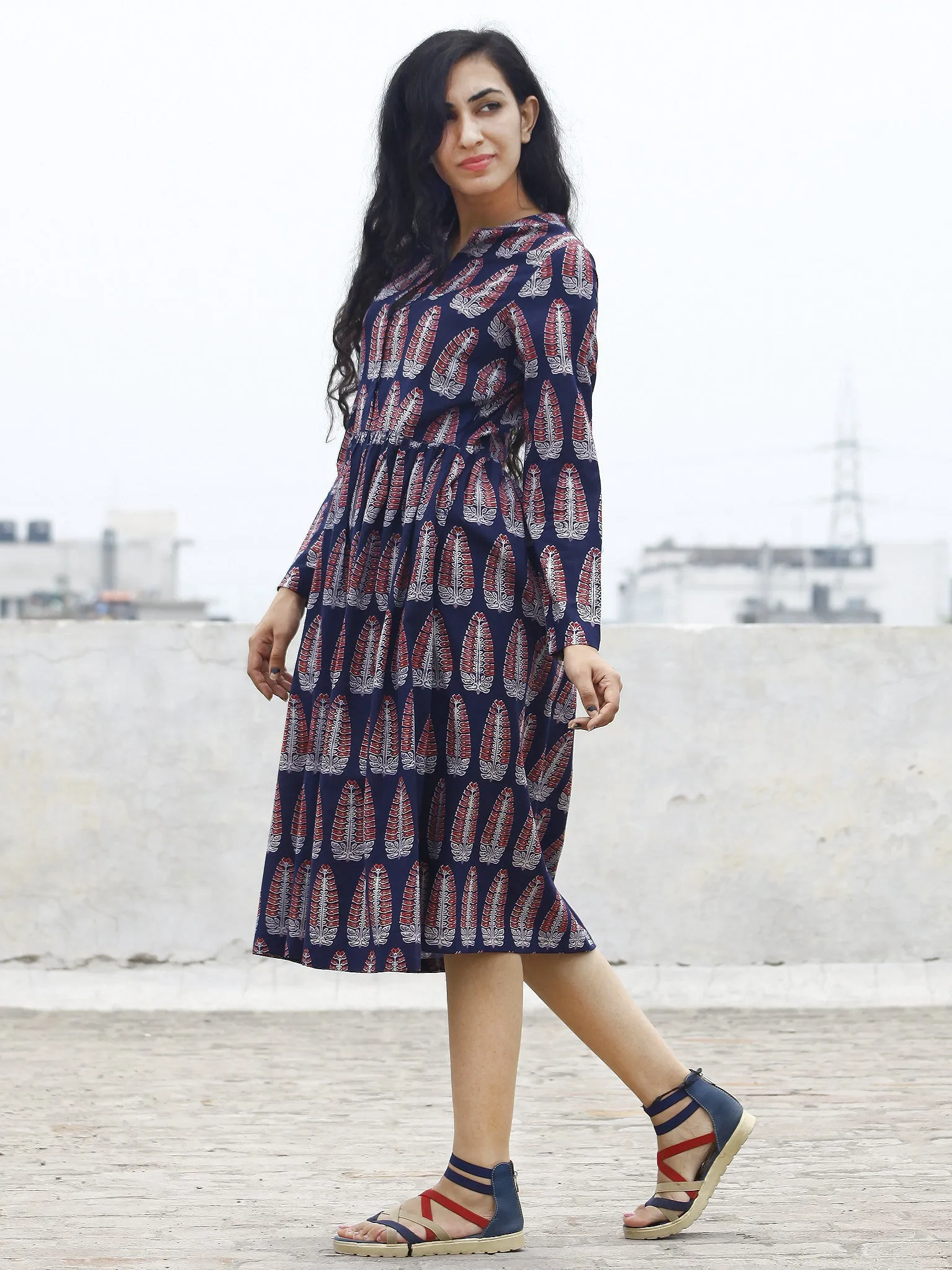 Midnight Blue Maroon Ivory Ajrak Dress With Gathers And Mandarin Collar  - D83F867