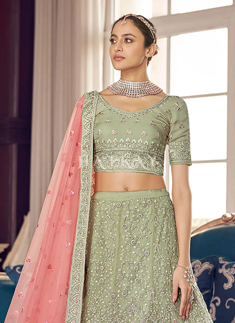 Mint Green Multi Embroidered Wedding Lehenga Choli