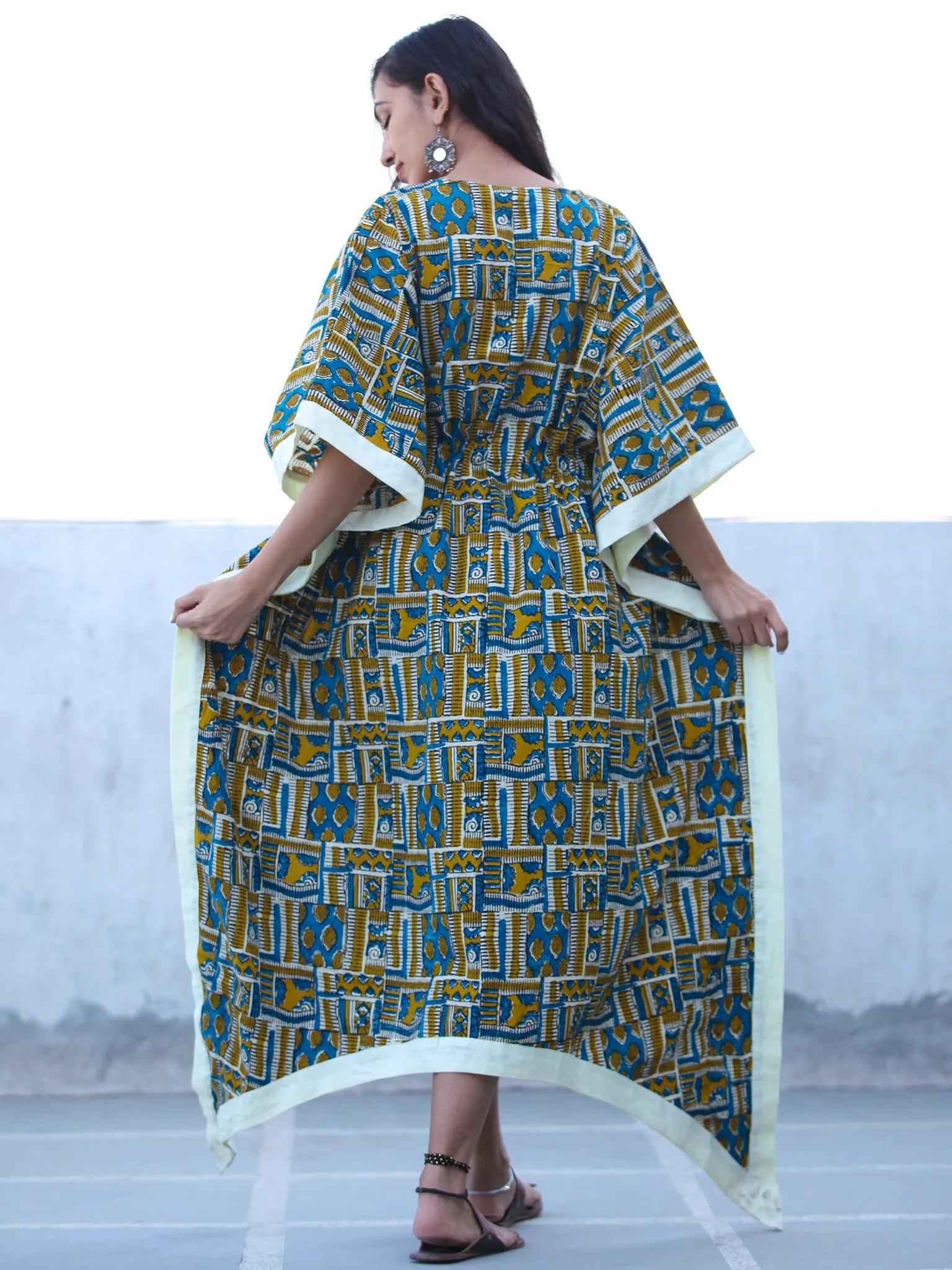 Mustard Indigo OffWhite Hand Block Printed C Cut Kaftan - K131F2257