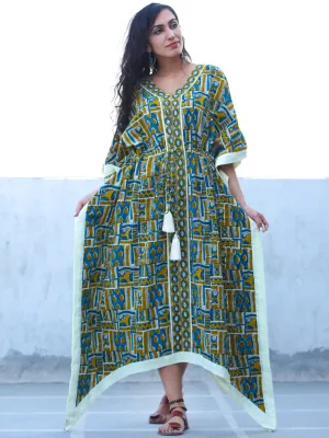 Mustard Indigo OffWhite Hand Block Printed C Cut Kaftan - K131F2257