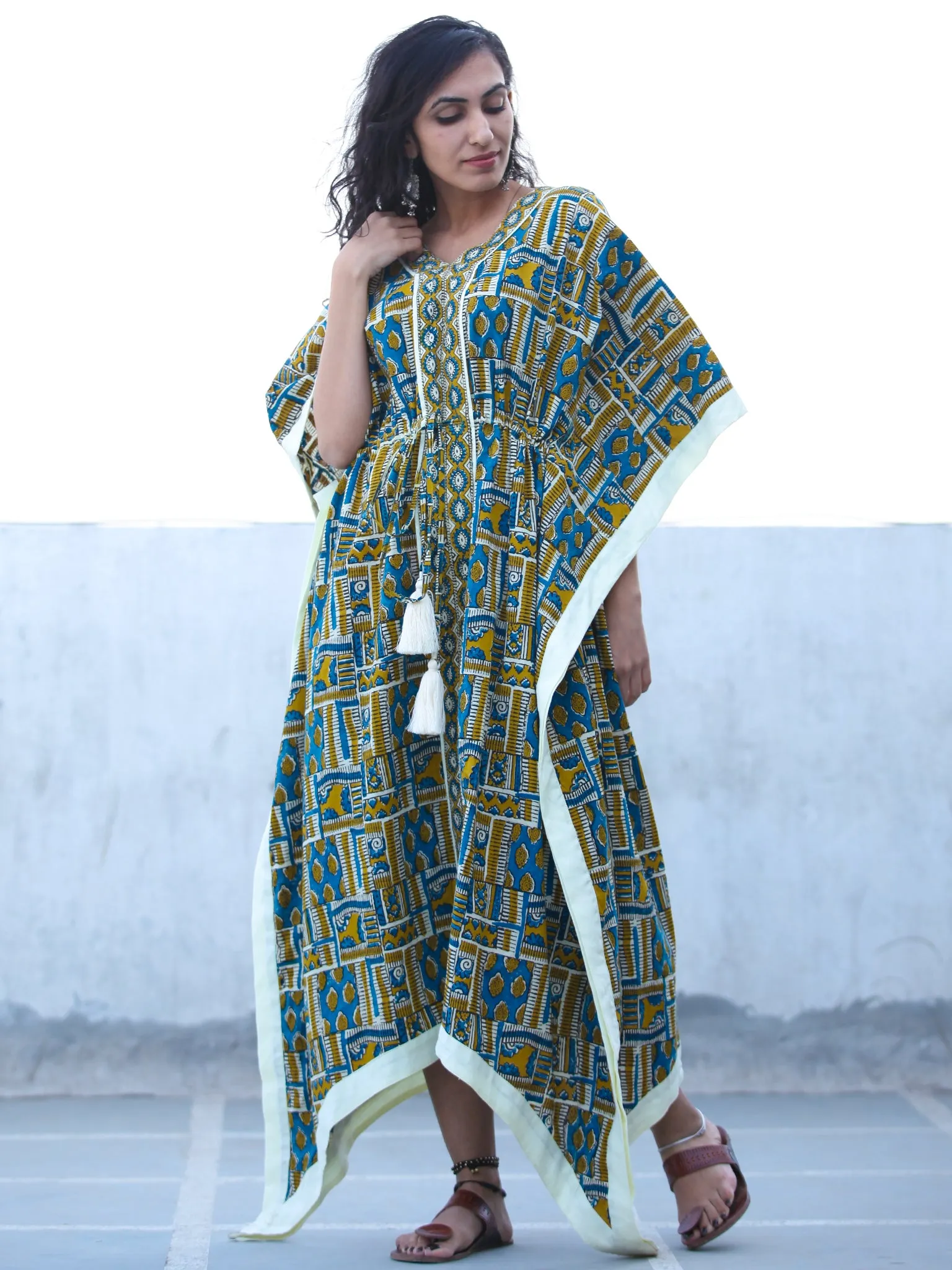 Mustard Indigo OffWhite Hand Block Printed C Cut Kaftan - K131F2257