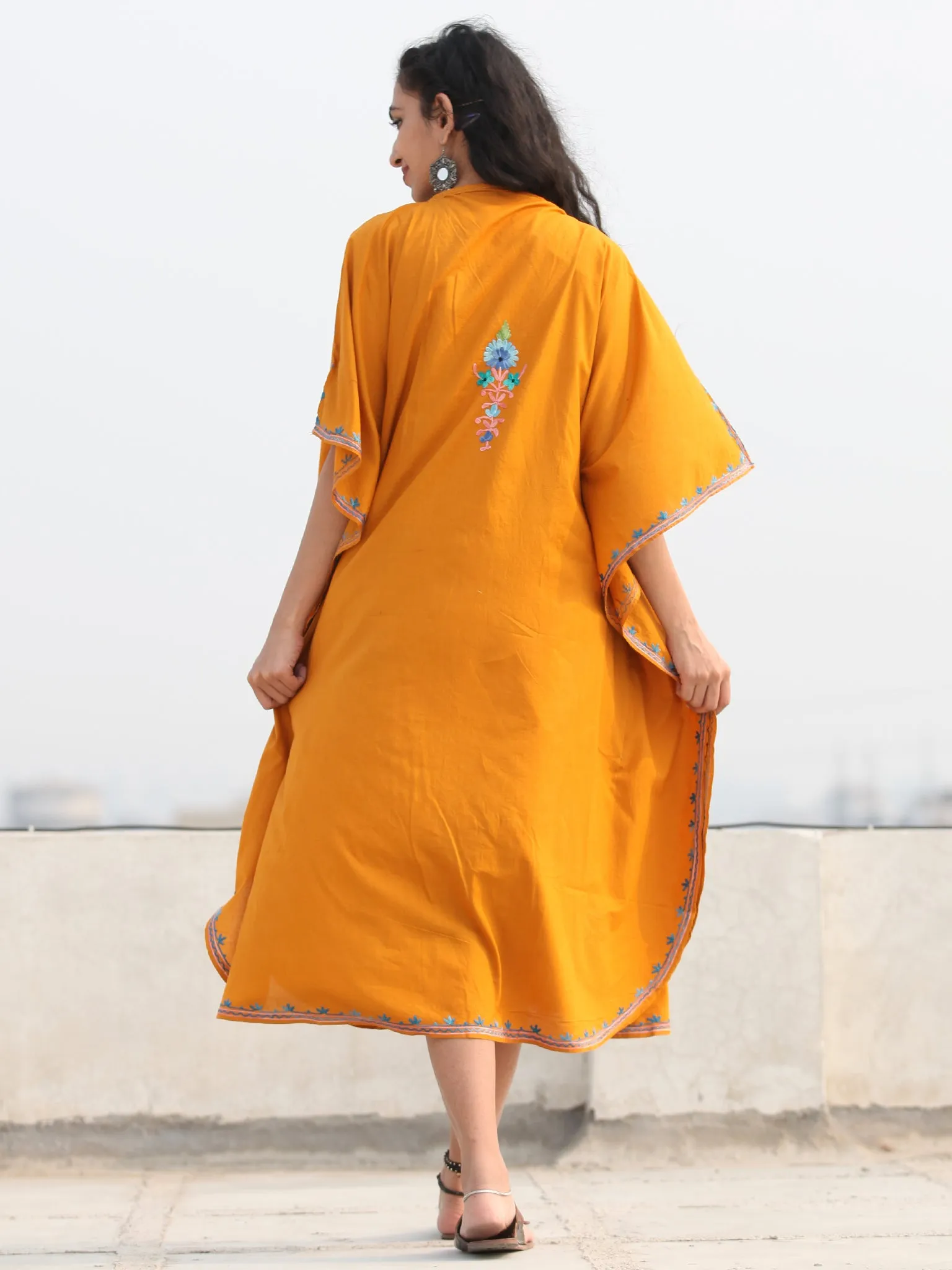 Mustard Multicolor Aari Embroidered Kashmere Free Size Kaftan in Crushed Cotton - K11K078