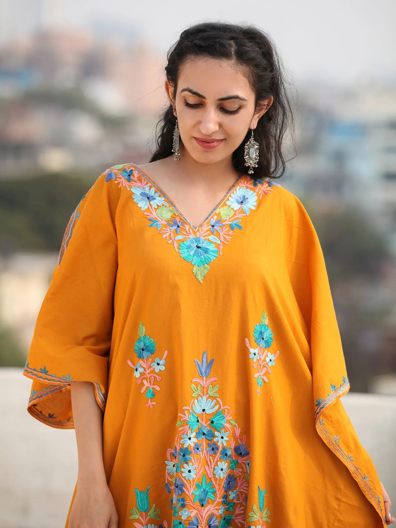 Mustard Multicolor Aari Embroidered Kashmere Free Size Kaftan in Crushed Cotton - K11K078