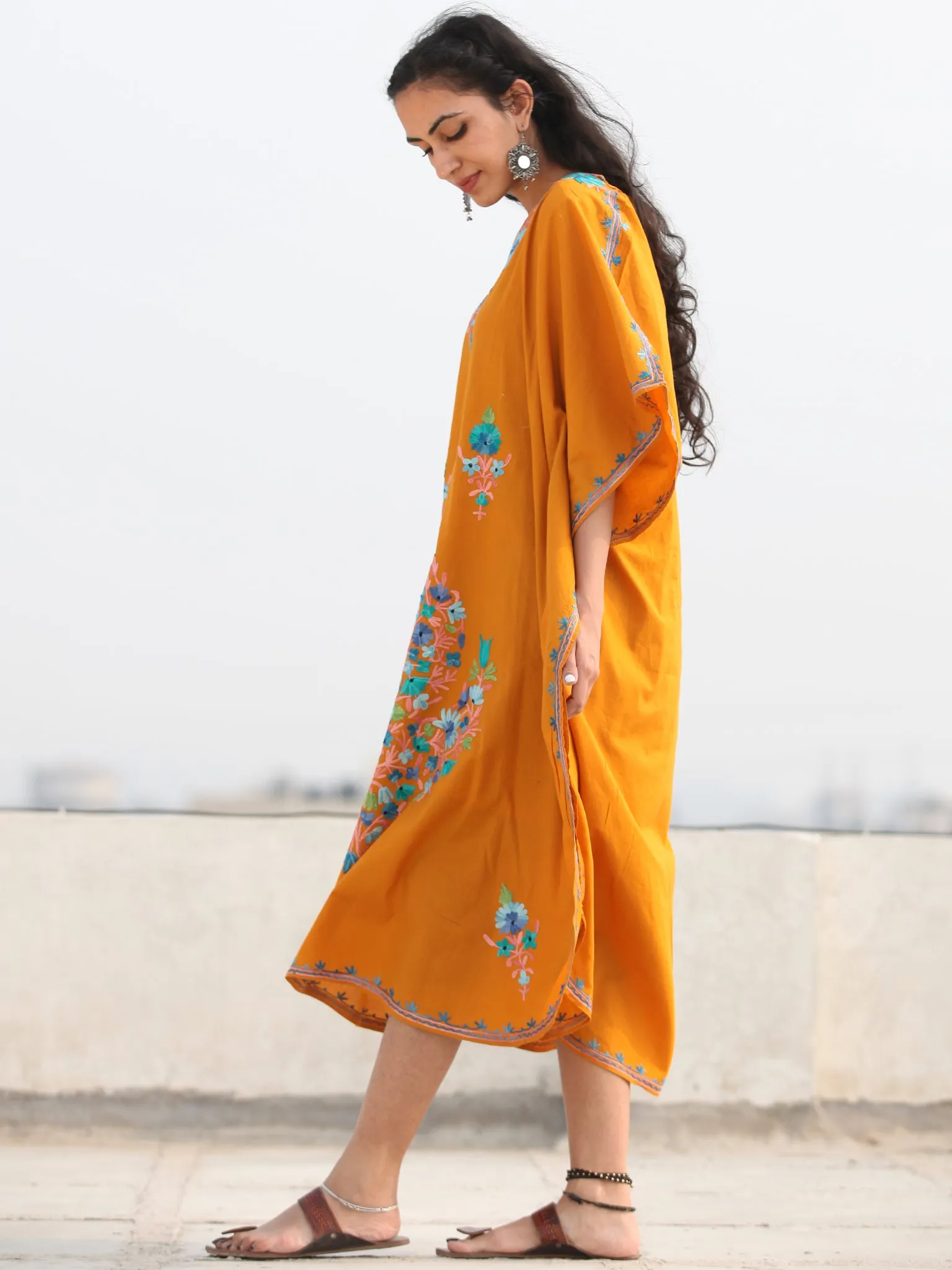 Mustard Multicolor Aari Embroidered Kashmere Free Size Kaftan in Crushed Cotton - K11K078