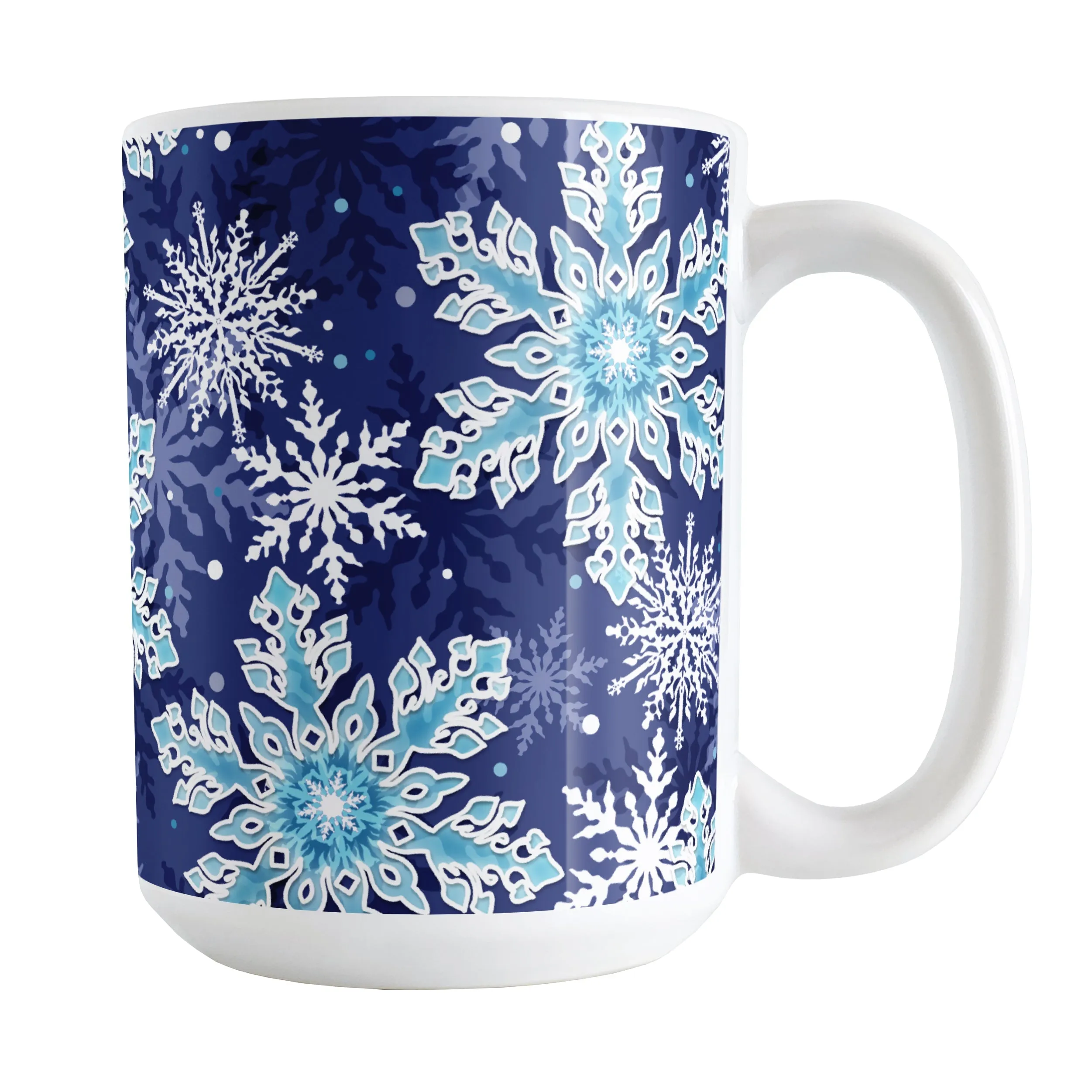 Navy Blue Aqua Snowflake Pattern Winter Mug