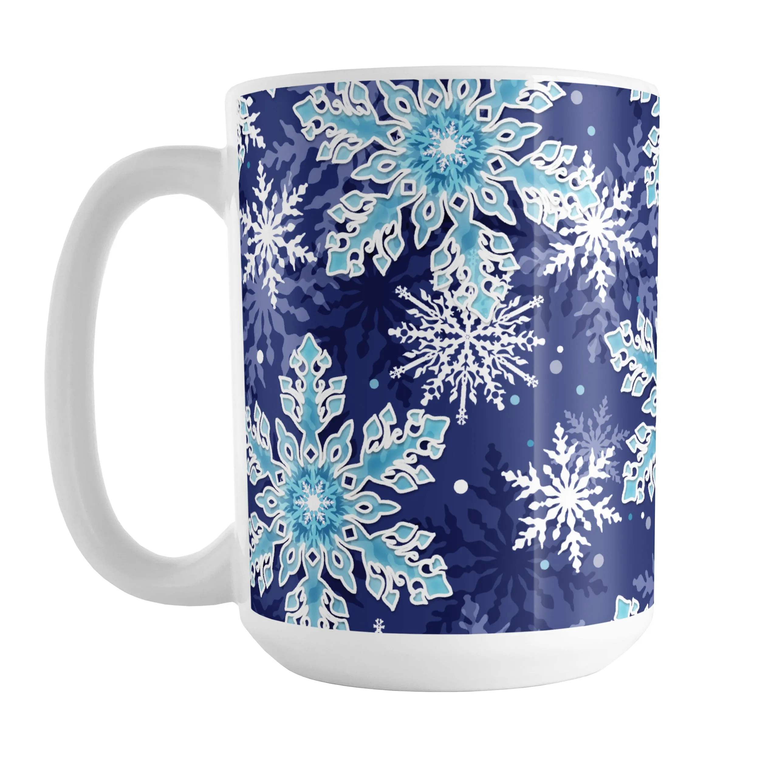 Navy Blue Aqua Snowflake Pattern Winter Mug