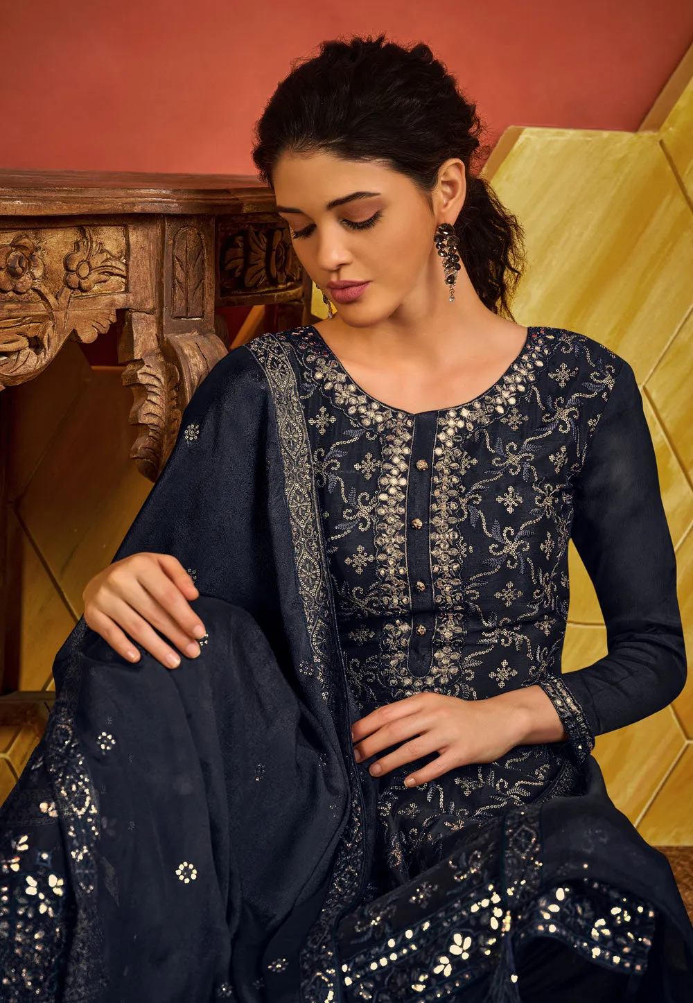 Navy Blue Embroidered Pakistani Palazzo Suit