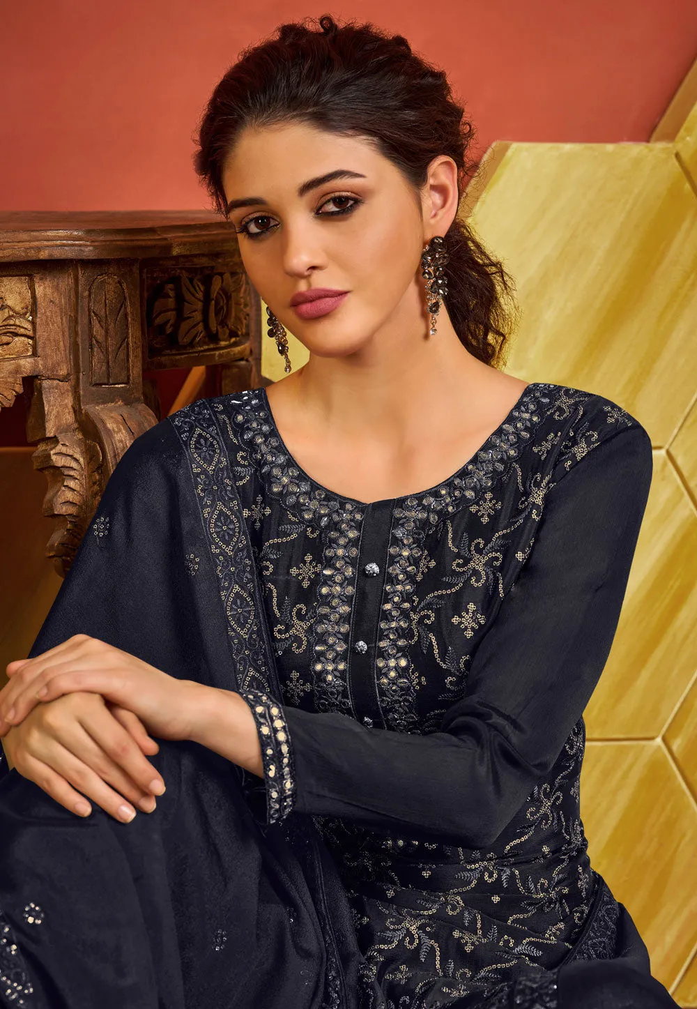 Navy Blue Embroidered Pakistani Palazzo Suit