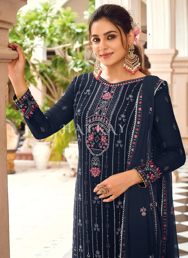 Navy Blue Multi Embroidered Pakistani Pant Style Suit