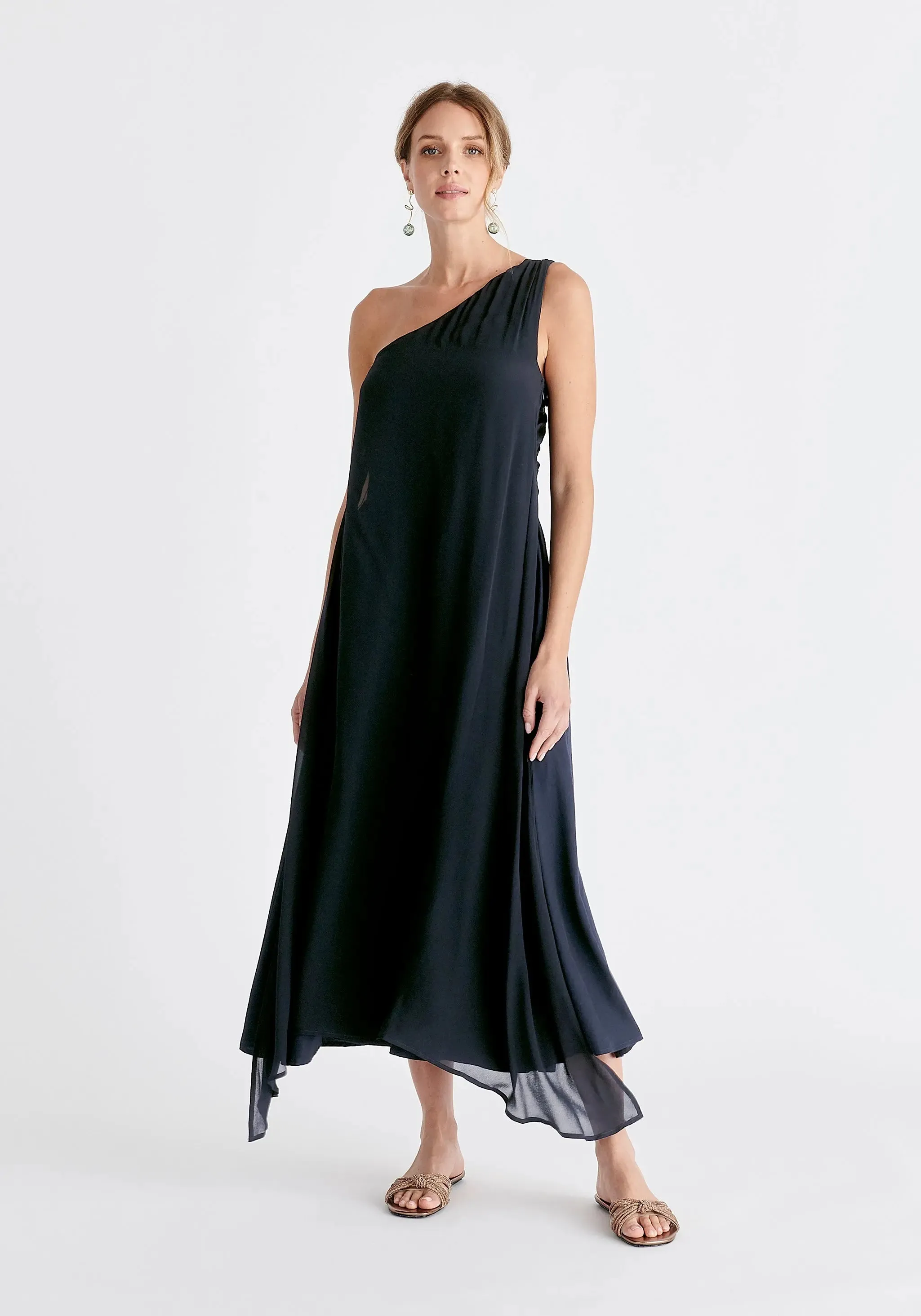 Navy One Shoulder Flowy Dress